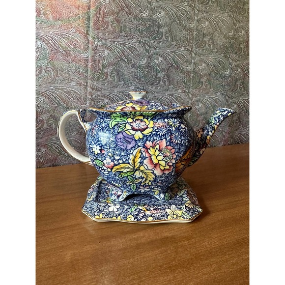 Rare Royal Winton chintz blue Anemone teapot with matching plate/display stand - Picture 10 of 10
